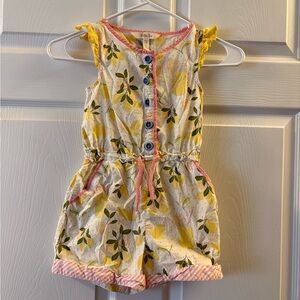 Matilda Jane Yellow Lemon Lemonade Print Romper with Pink Trim